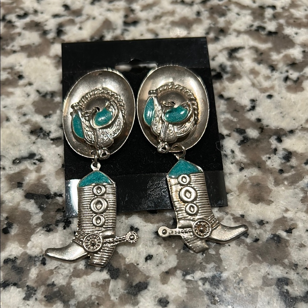 Silver and Turquoise Western Boot Earrings